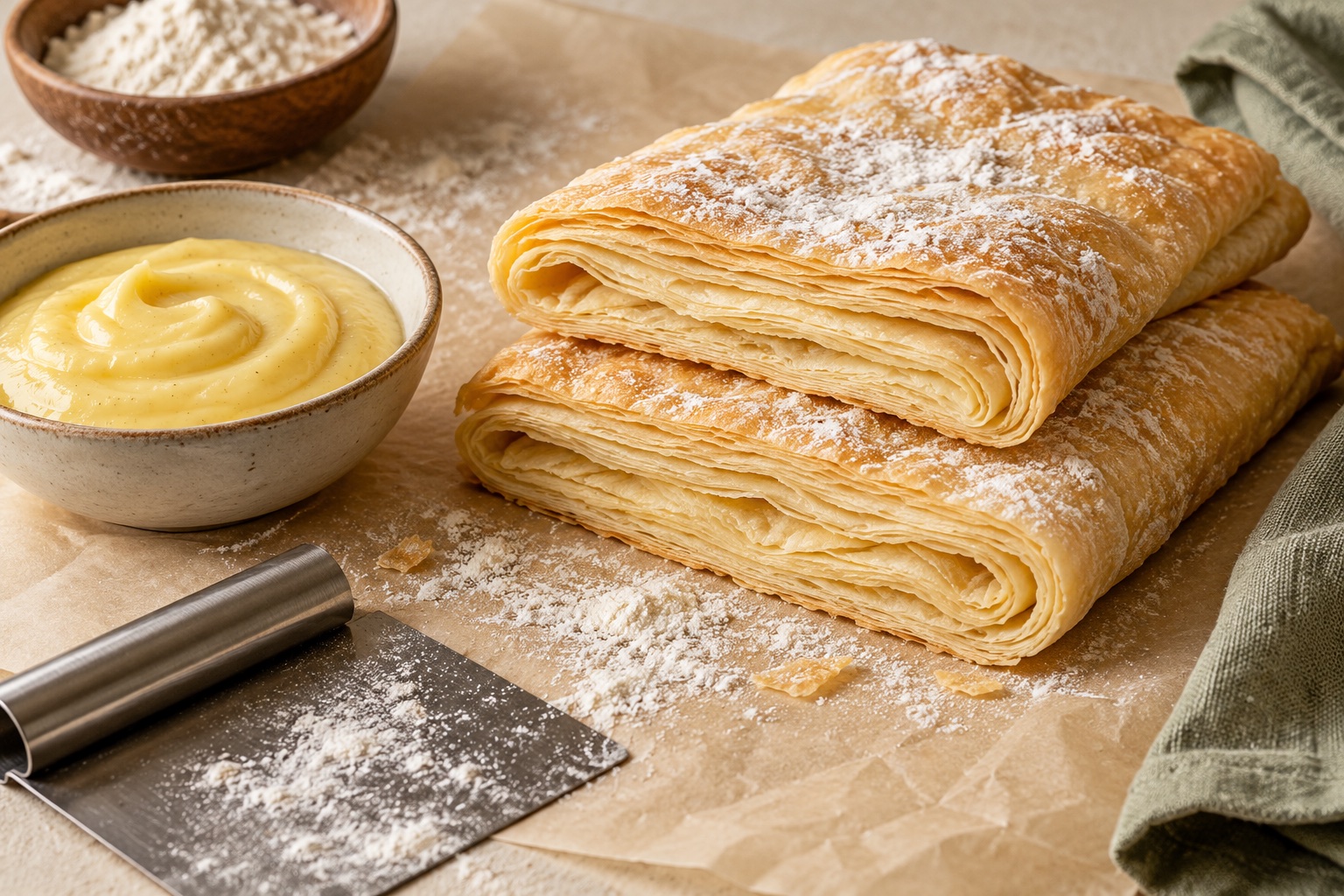 Illustrative still life of layered puff pastry, vanilla custard and a pastry scraper